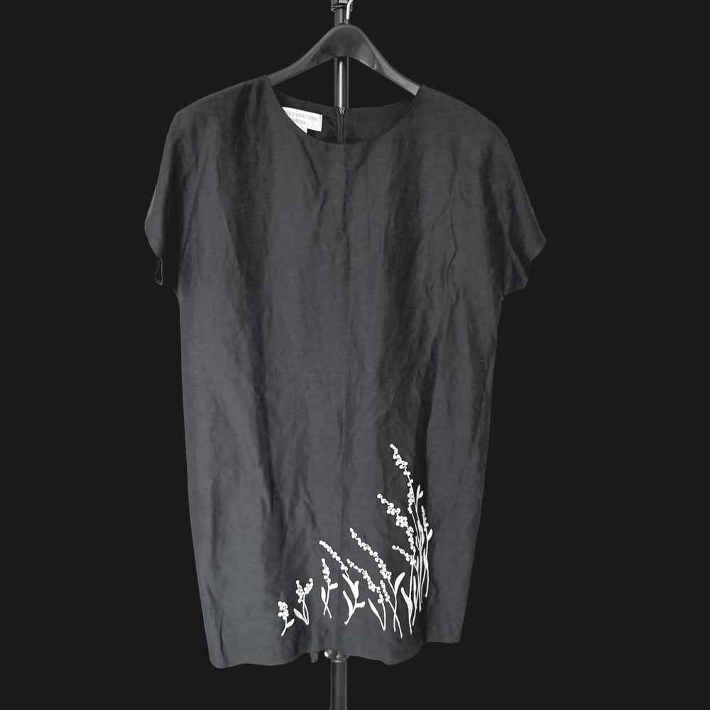 Jones‎ New York Dress Black Silk Linen Floral Embroidered Shift Dress Size 14